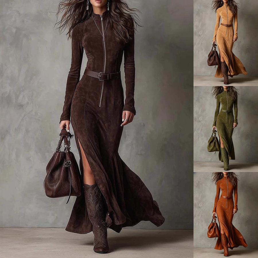 Slim Zipper Dress Elegant Temperament Split Long-sleeved Dresses