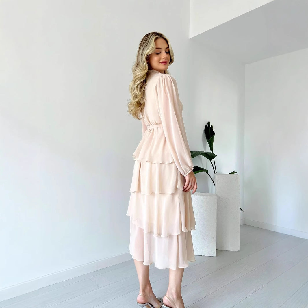 Solid Color Long Sleeve Lace-up Elegant Dress - Magellan Fashion Shop