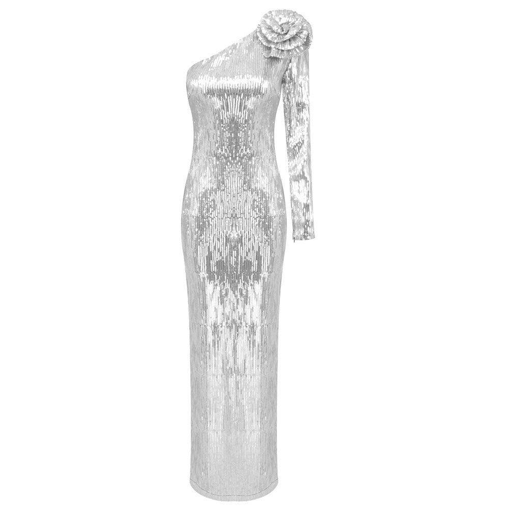 Women's Fashionable Sequins Slant Shoulder Split Dress - Magellan Fashion Shop