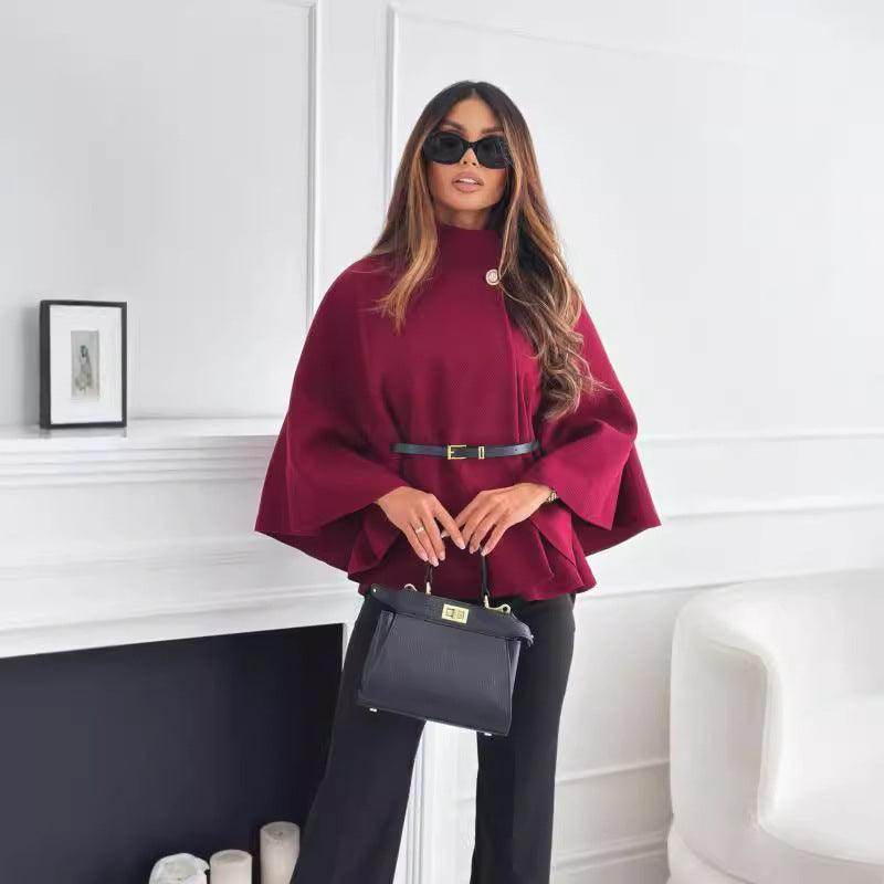 New Stand Collar Batwing Sleeves Cloak Top With Belt Ins Fashion Temperament Jacket Woolen Sweater Outwear For Women Clothing - Magellan Fashion Shop