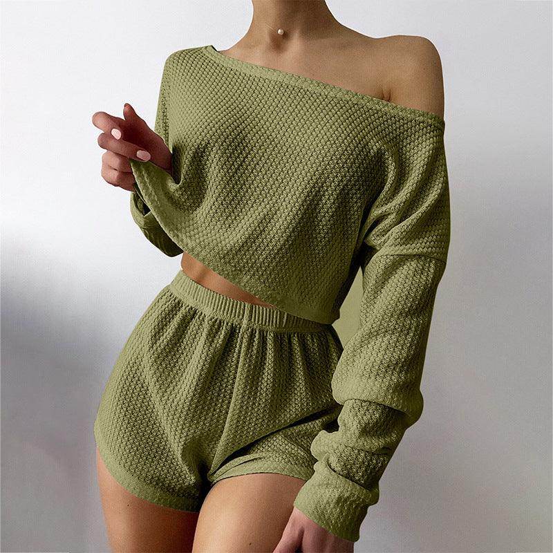 Pajamas Off-shoulder Top Shorts Breathable Waffle Casual Homewear Suit - Magellan Fashion Shop