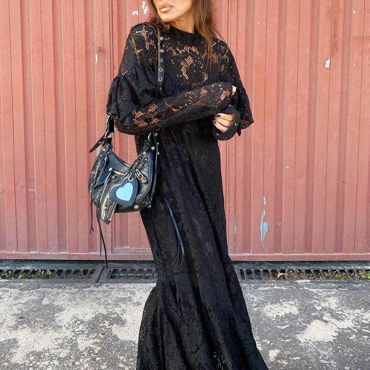 Sexy Lace Pattern Hollow Out See-through Round-neck Long-sleeved Dress - Magellan Fashion Shop