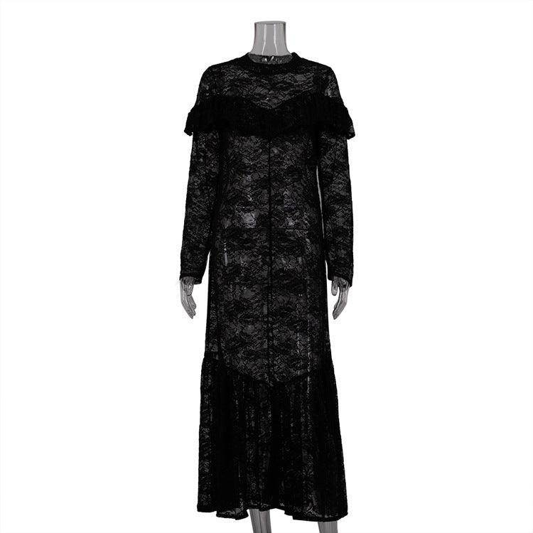 Sexy Lace Pattern Hollow Out See-through Round-neck Long-sleeved Dress - Magellan Fashion Shop