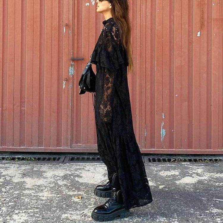 Sexy Lace Pattern Hollow Out See-through Round-neck Long-sleeved Dress - Magellan Fashion Shop