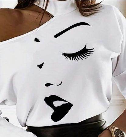 Women's White Long Sleeve T-Shirt With Cartoon Line Pattern & Open Shoulder - Magellan Fashion Shop