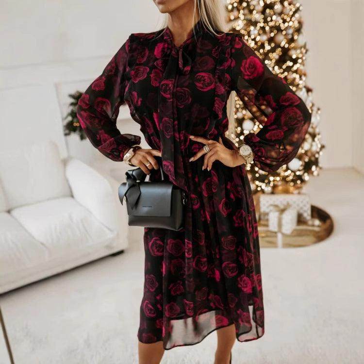 Long Sleeve Bowknot Waist-tight Dress Women - Magellan Fashion Shop