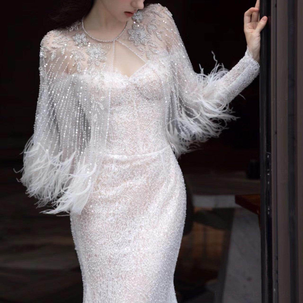 Annual Meeting Mermaid Heavy Industry Feather Dress - Magellan Fashion Shop