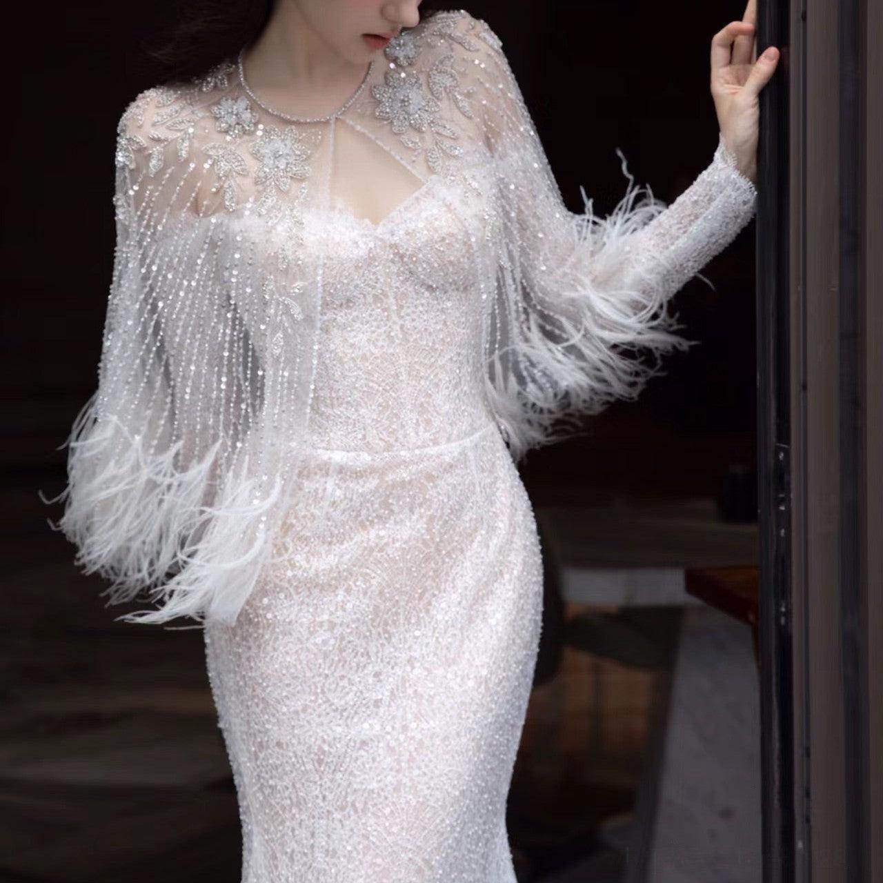 Annual Meeting Mermaid Heavy Industry Feather Dress - Magellan Fashion Shop