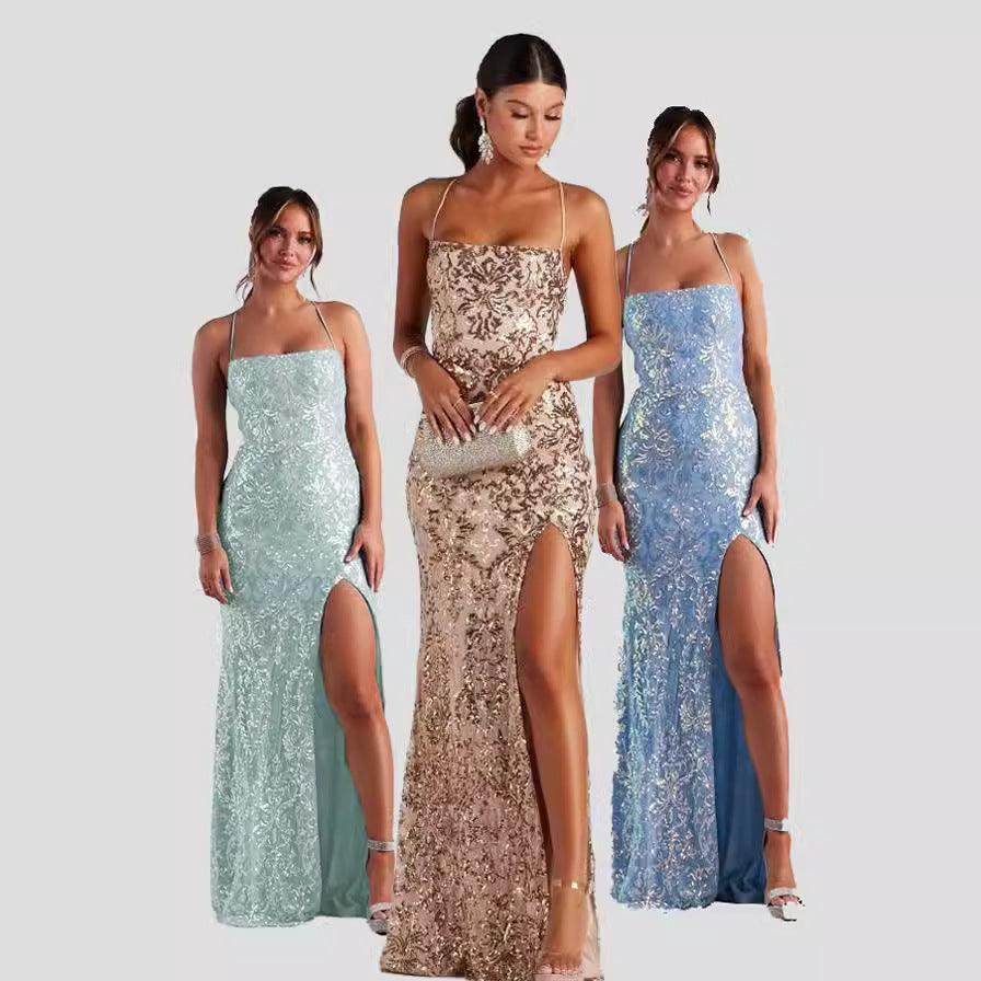 Off-neck Sequined Floor-length Evening Elegant Slit Banquet Party Dress - Magellan Fashion Shop