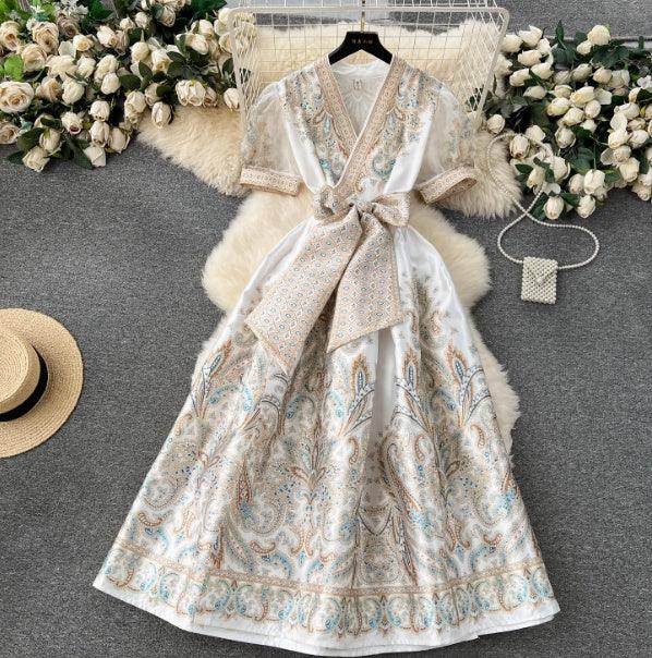 Women's Printed Tie Waist Long Dress - Magellan Fashion Shop