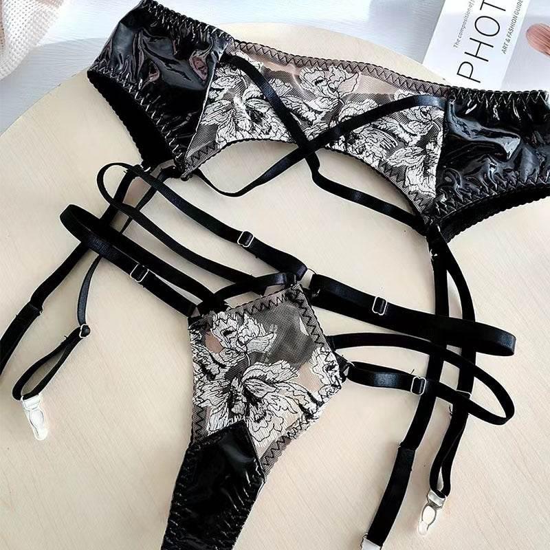 Seductive Embroidered Lace Leather Black Bra Garter Three-piece Set - Magellan Fashion Shop