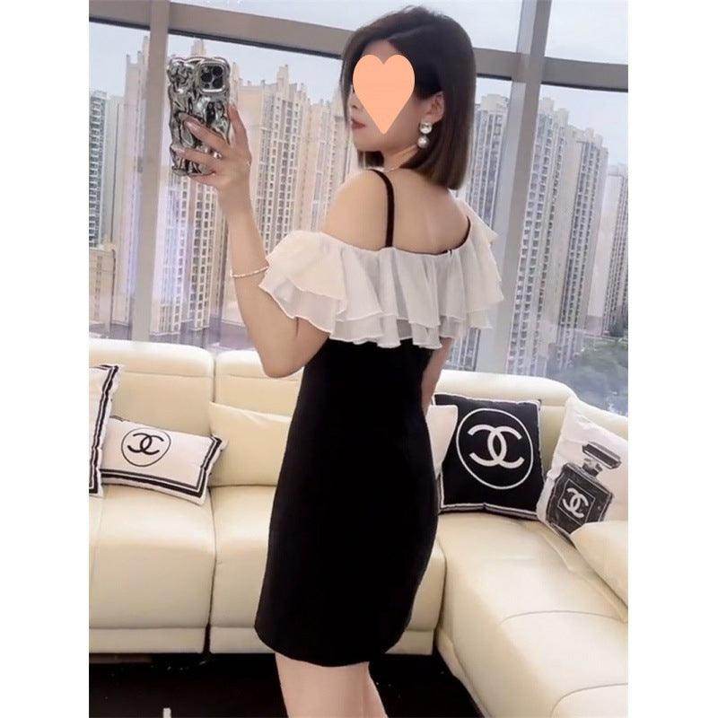 Pure Cotton Contrast-color Patchwork Ruffled Off-the-shoulder Dress - Magellan Fashion Shop