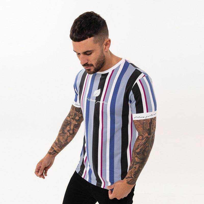 Men's casual fitness t-shirt in spandex fabric with size chart and multiple color options
