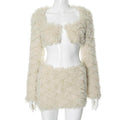 Wrapped Chest Long Sleeve Furry Coat Skirt Outfit - Magellan Fashion Shop