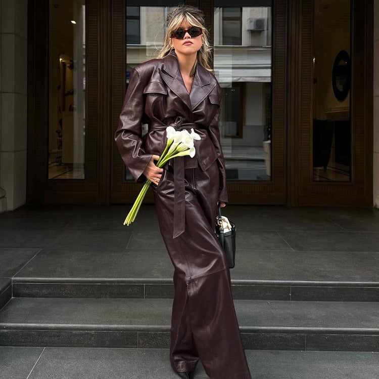 Vintage  Collar With Belt Leather Coat High Waist Leather Shorts