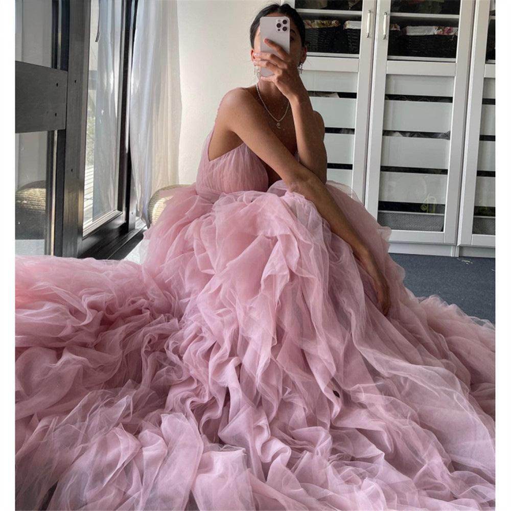 Evening Gown Prom Irregular Spaghetti-strap Mesh Long Dress - Magellan Fashion Shop