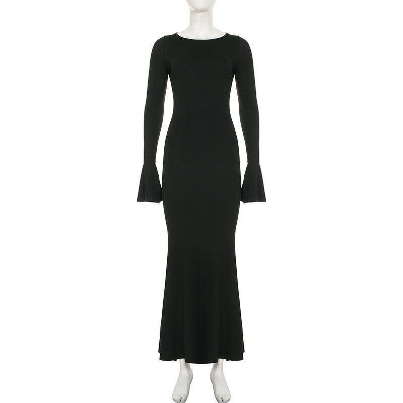 Solid Color Long Fashionable Elegant Backless Slim Fit Long Sleeve Dress - Magellan Fashion Shop