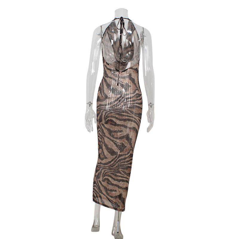 Sleeveless Halter Deep V Leopard Print Dress - Magellan Fashion Shop