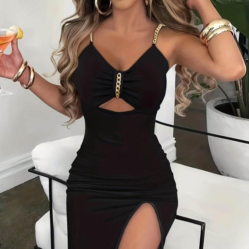 Ladies' Fashionable And Sexy Slim Fit V-neck Chain Dcor Cut High Slit Dress - Magellan Fashion Shop