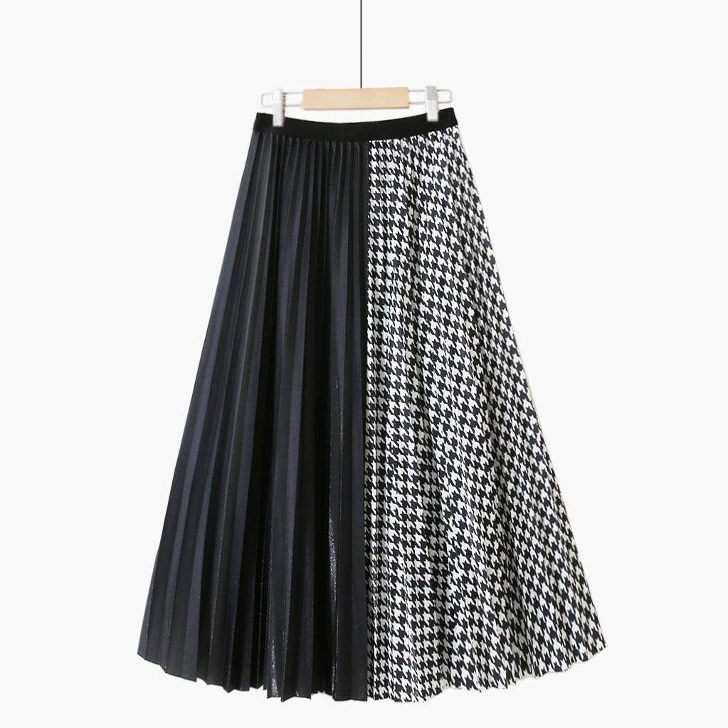 Simple Houndstooth Solid Color Stitching Contrast Color Pleated Skirt - Magellan Fashion Shop