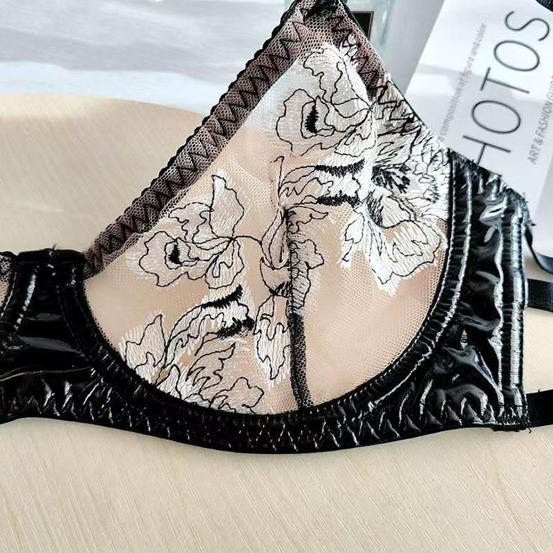 Seductive Embroidered Lace Leather Black Bra Garter Three-piece Set - Magellan Fashion Shop