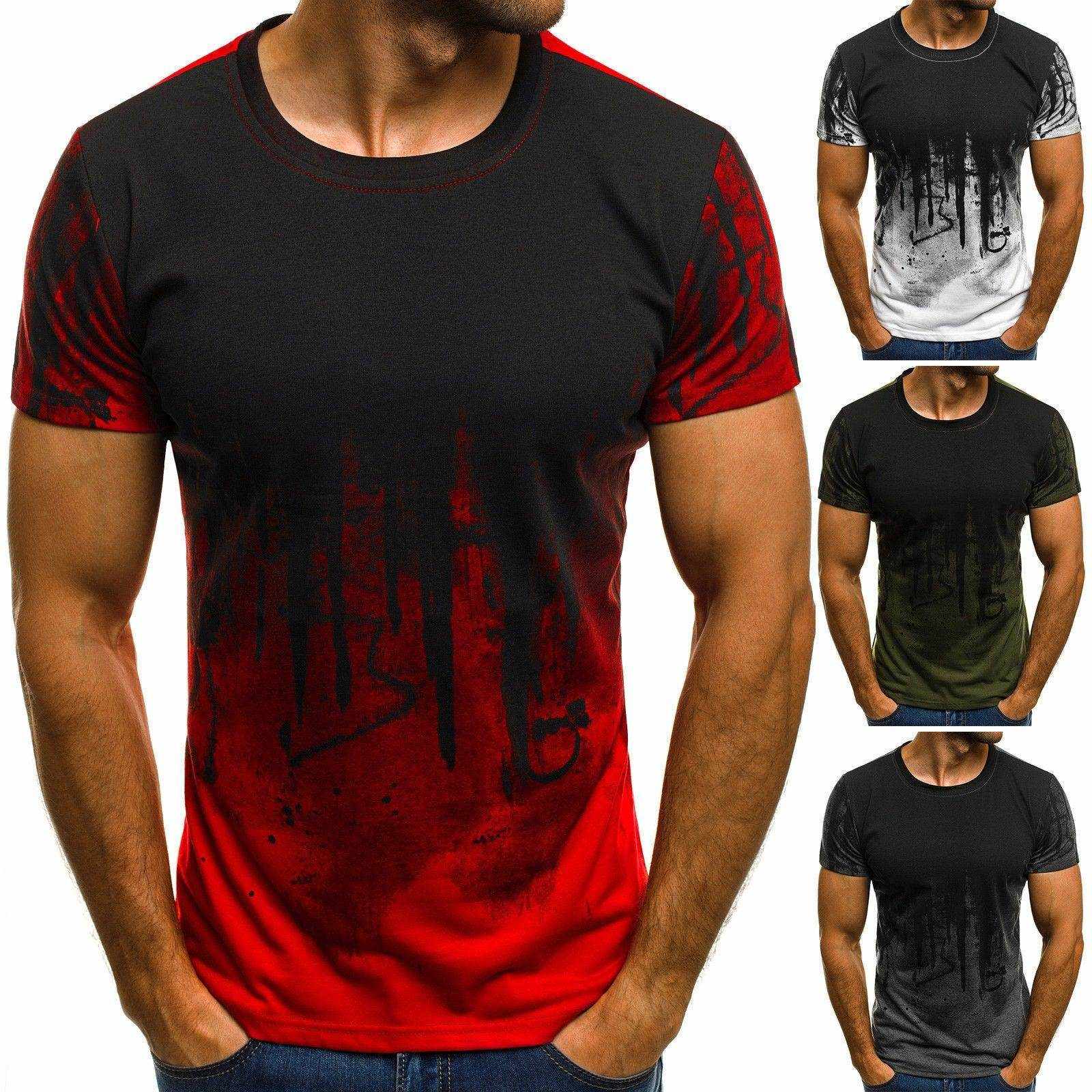 Men fitness compression t-shirt with red and black gradient camouflage design, hemp blend fabric, suitable for sports and casual wear.