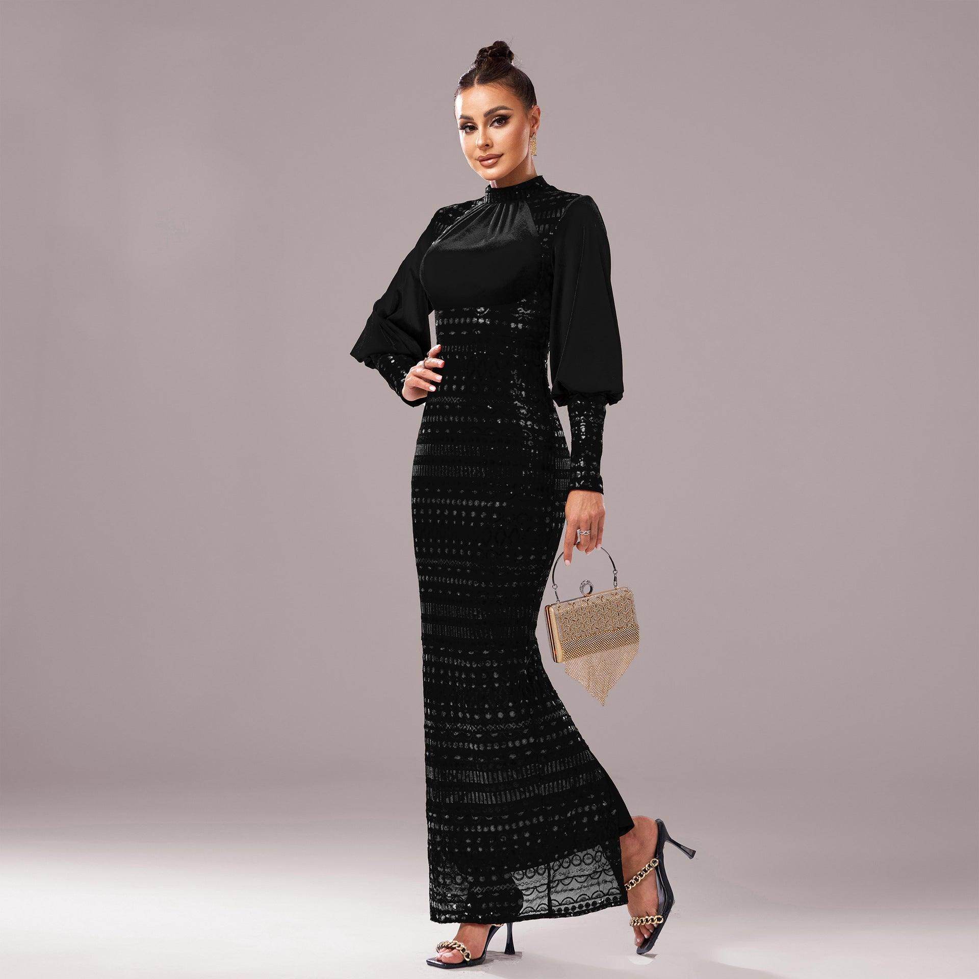 Long Sleeve Round Neck Sequins Slit Evening Dress - Magellan Fashion Shop