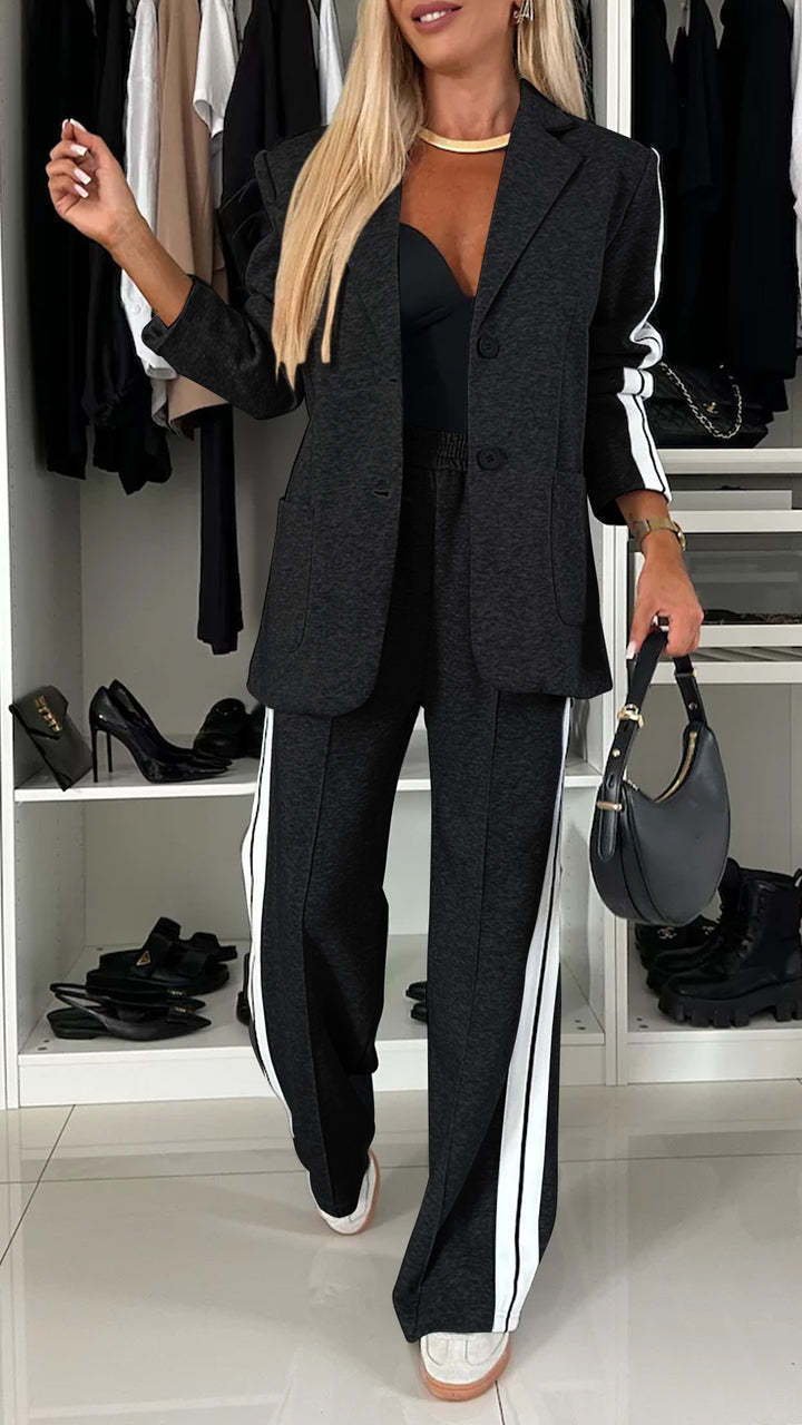 Women's Casual Suit Lapel Single-breasted Jacket And Striped Straight Pants