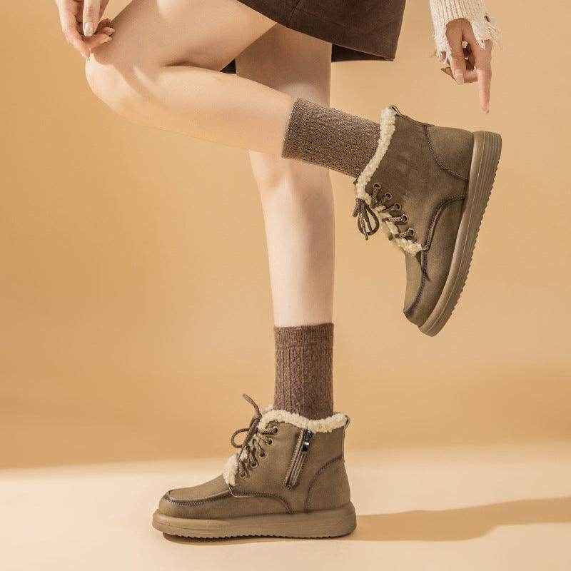 Lace-up Plush Snow Boots Winter Warm Fleece Flat Shoes For Women Fashion Casual Ankle Boot - Magellan Fashion Shop