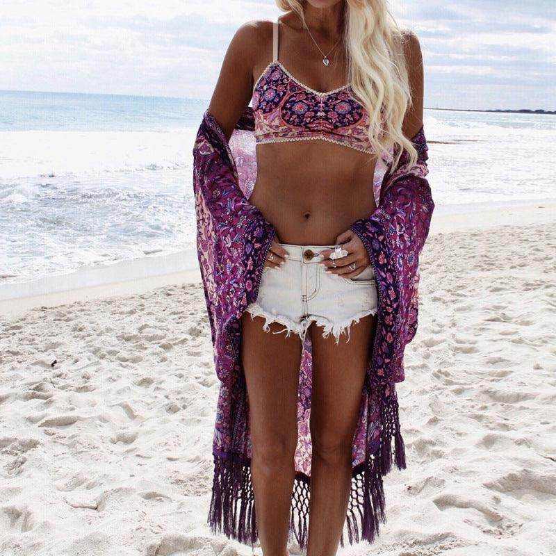 Purple chiffon beach bikini with floral design for women in resort wear style
