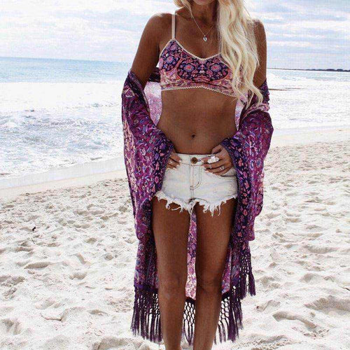 Purple chiffon beach bikini with floral design for women in resort wear style