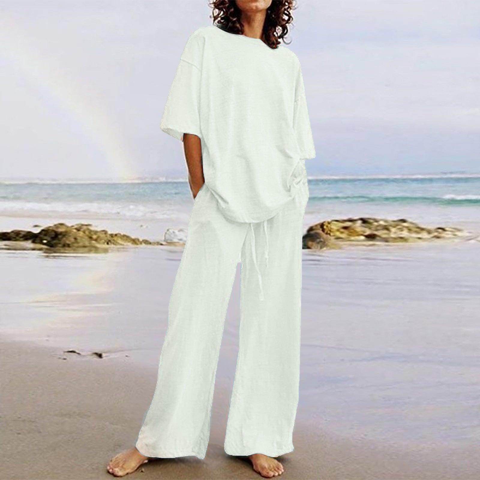 Cotton And Linen Home Solid Color Two-piece Suit - Magellan Fashion Shop