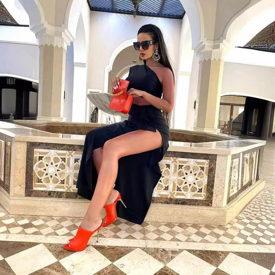 Women's Long Sleeved Hollow Slit Elastic Sloping Shoulder Dress - Magellan Fashion Shop