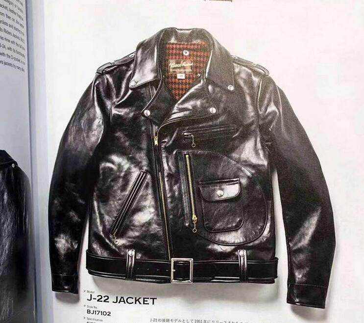 Men's black horse leather motorcycle jacket with acetate lining and plain pattern