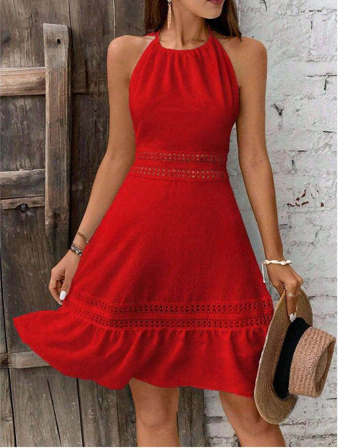 Solid Color Hollow Lace Stitched Backless Halter Lace-up Mini Skirt - Magellan Fashion Shop