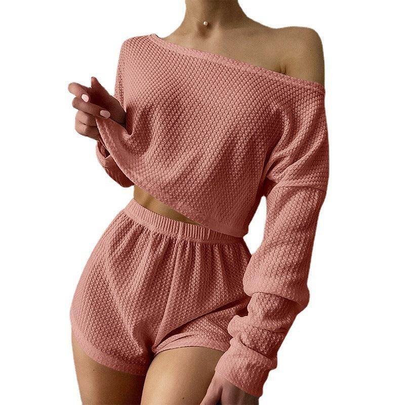 Pajamas Off-shoulder Top Shorts Breathable Waffle Casual Homewear Suit - Magellan Fashion Shop