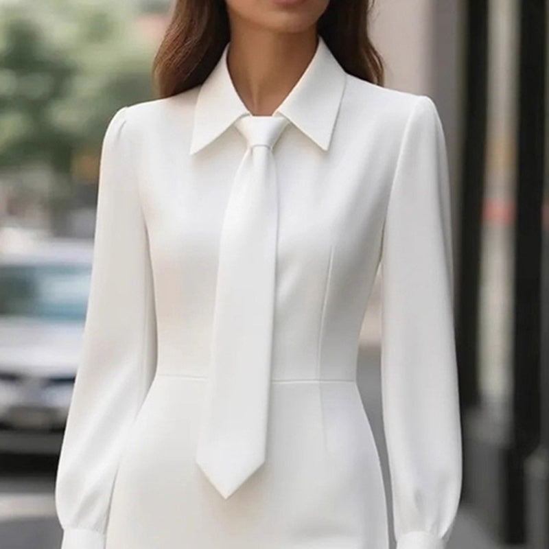 Women's elegant solid color business midi dress with belt and tie collar