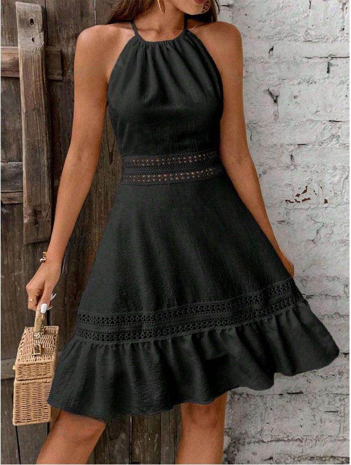 Solid Color Hollow Lace Stitched Backless Halter Lace-up Mini Skirt - Magellan Fashion Shop