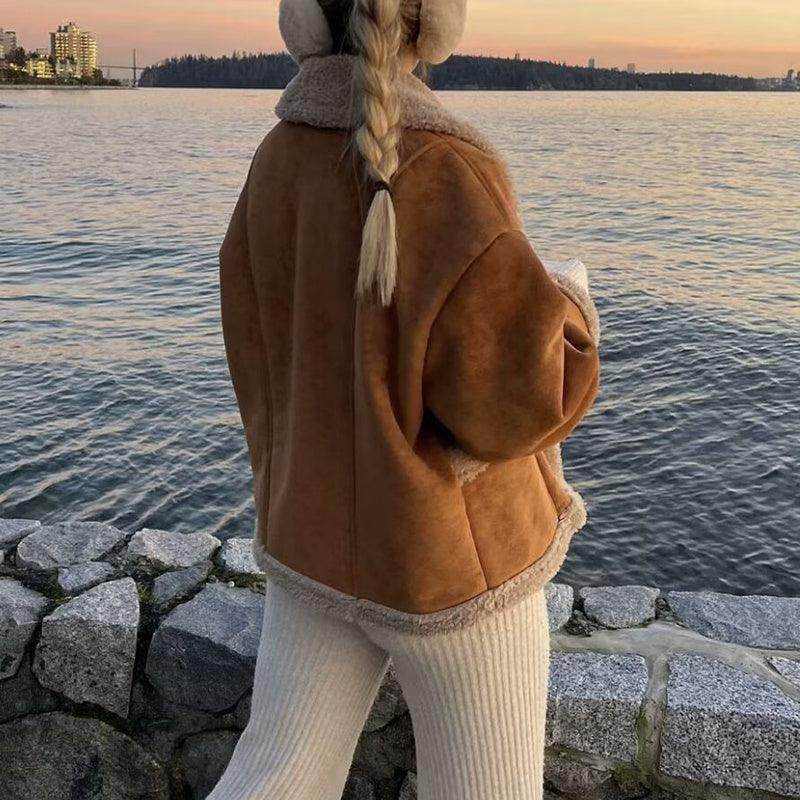 Lapel Woolen Coat With Pockets Winter Fashion Loose Suede Short Top Women's Clothing - Magellan Fashion Shop