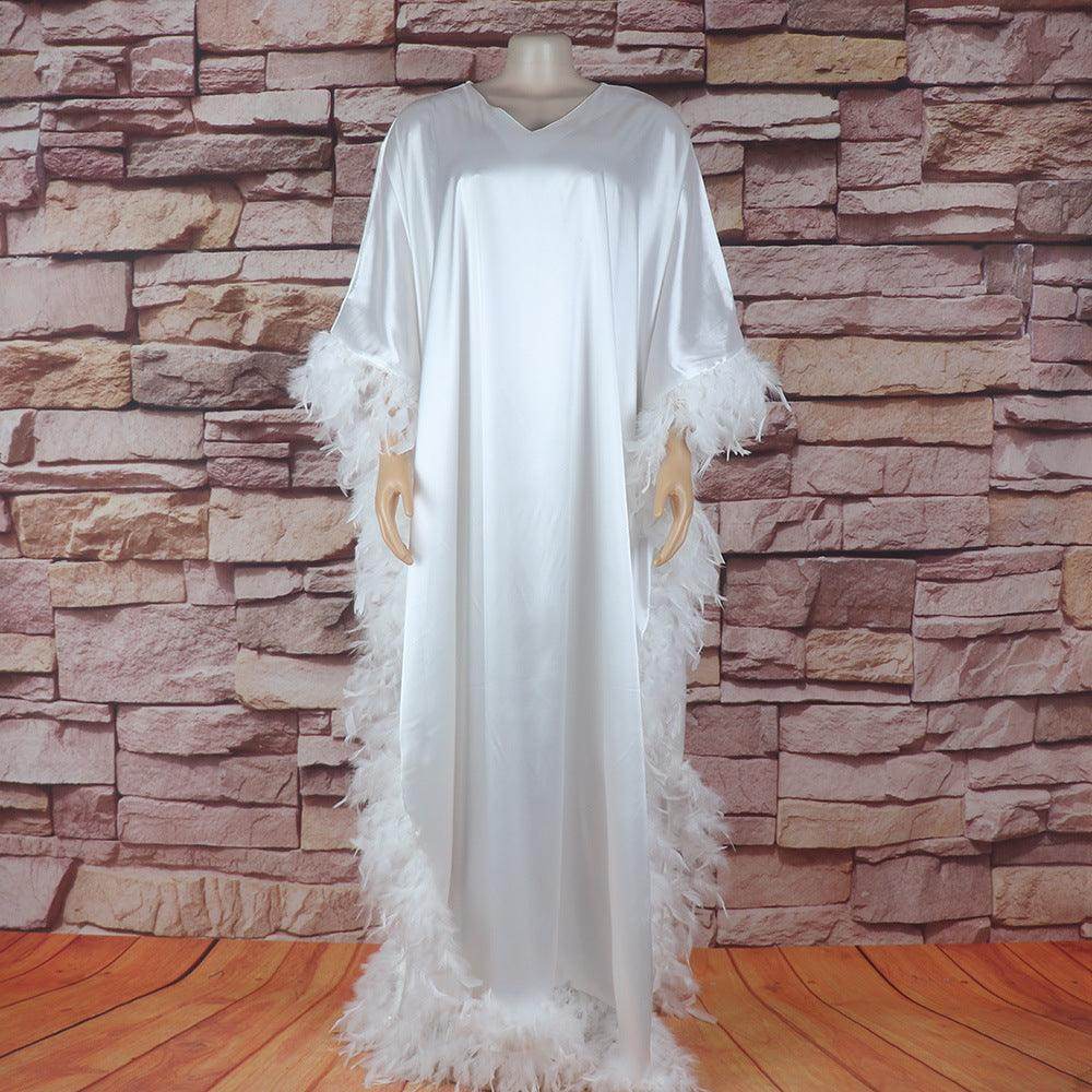 African Women's Loose Dress Luxury Fully Surrounded Light Feather Batwing Sleeve High Slit Robe - Magellan Fashion Shop
