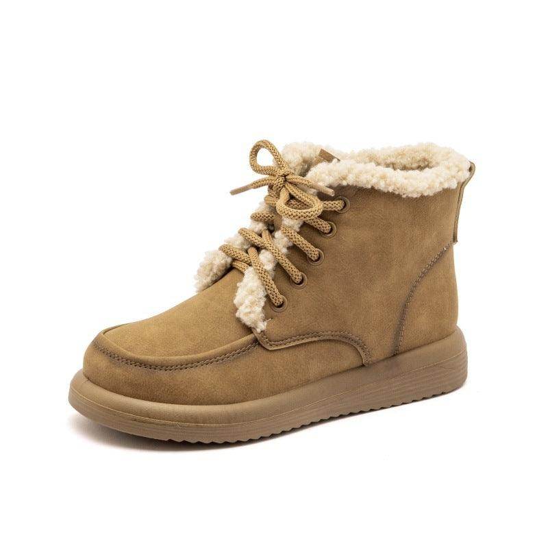 Lace-up Plush Snow Boots Winter Warm Fleece Flat Shoes For Women Fashion Casual Ankle Boot - Magellan Fashion Shop