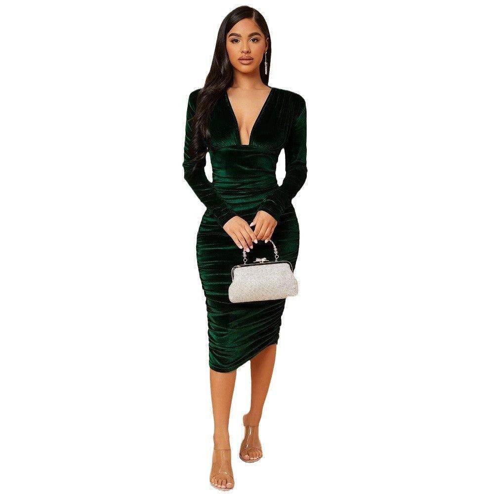 Autumn And Winter New Pleated Slim-fit Midi Dress - Magellan Fashion Shop