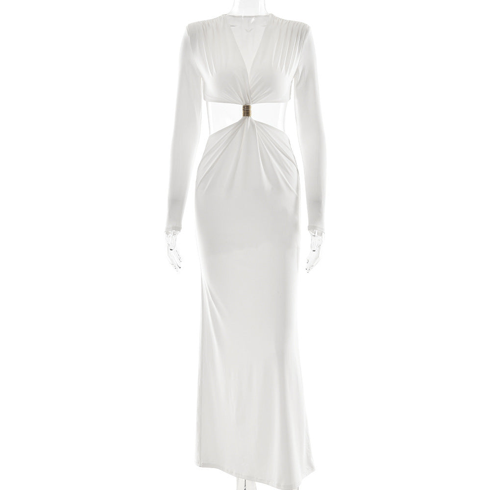 Elegant Deep V Long Sleeve Dress Sexy Cutout - Magellan Fashion Shop