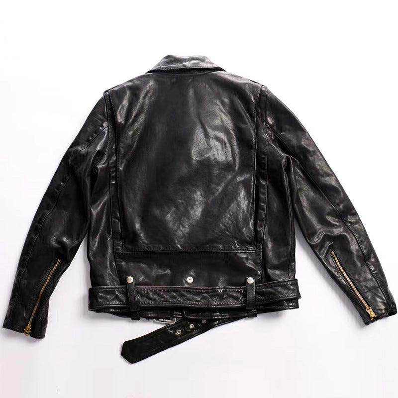 Men's black horse leather motorcycle riding jacket with plain pattern and acetate lining in Japanese style