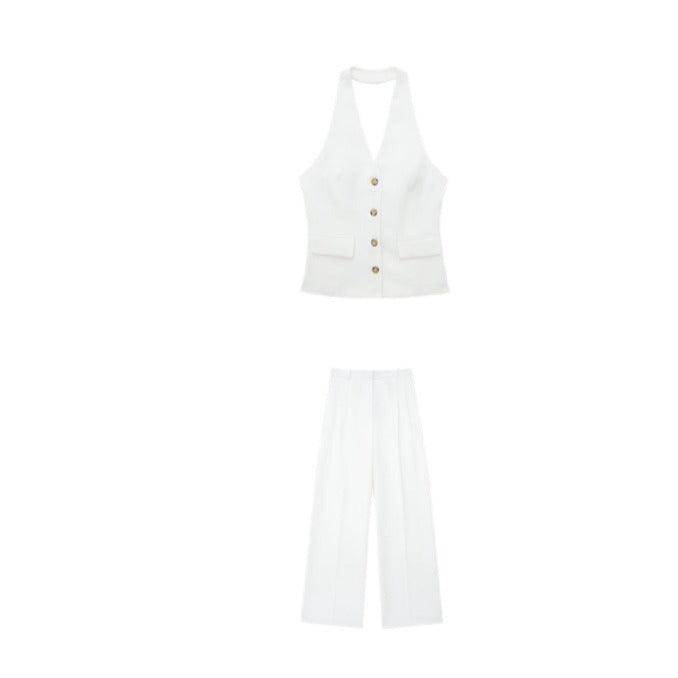 Pleated Wide Leg Pants Backless Hanging Collar Vest - Magellan Fashion Shop