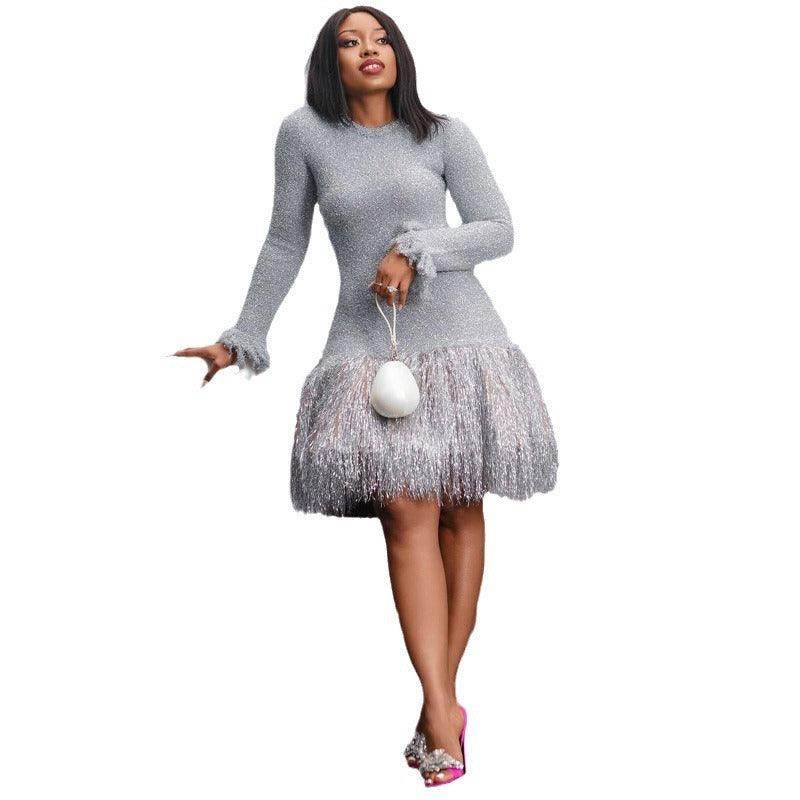 Women's Fashion Solid Color Long Sleeve Tassels Slim-fit Short Dress - Magellan Fashion Shop