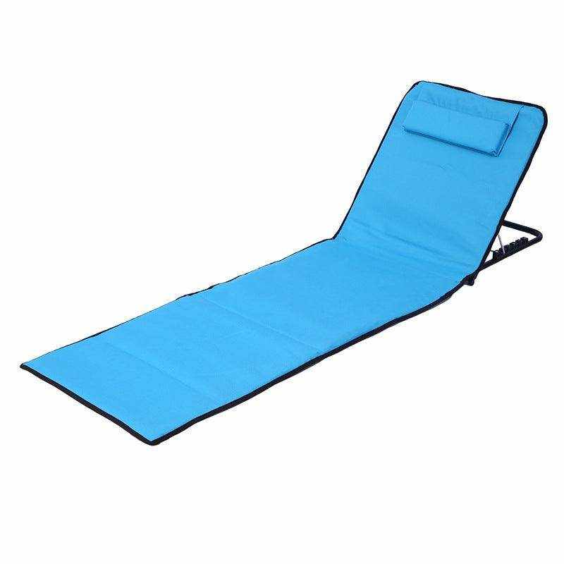 Blue and orange outdoor beach mat made of durable 600D Oxford cloth with adjustable reclining positions and foldable design for easy carrying