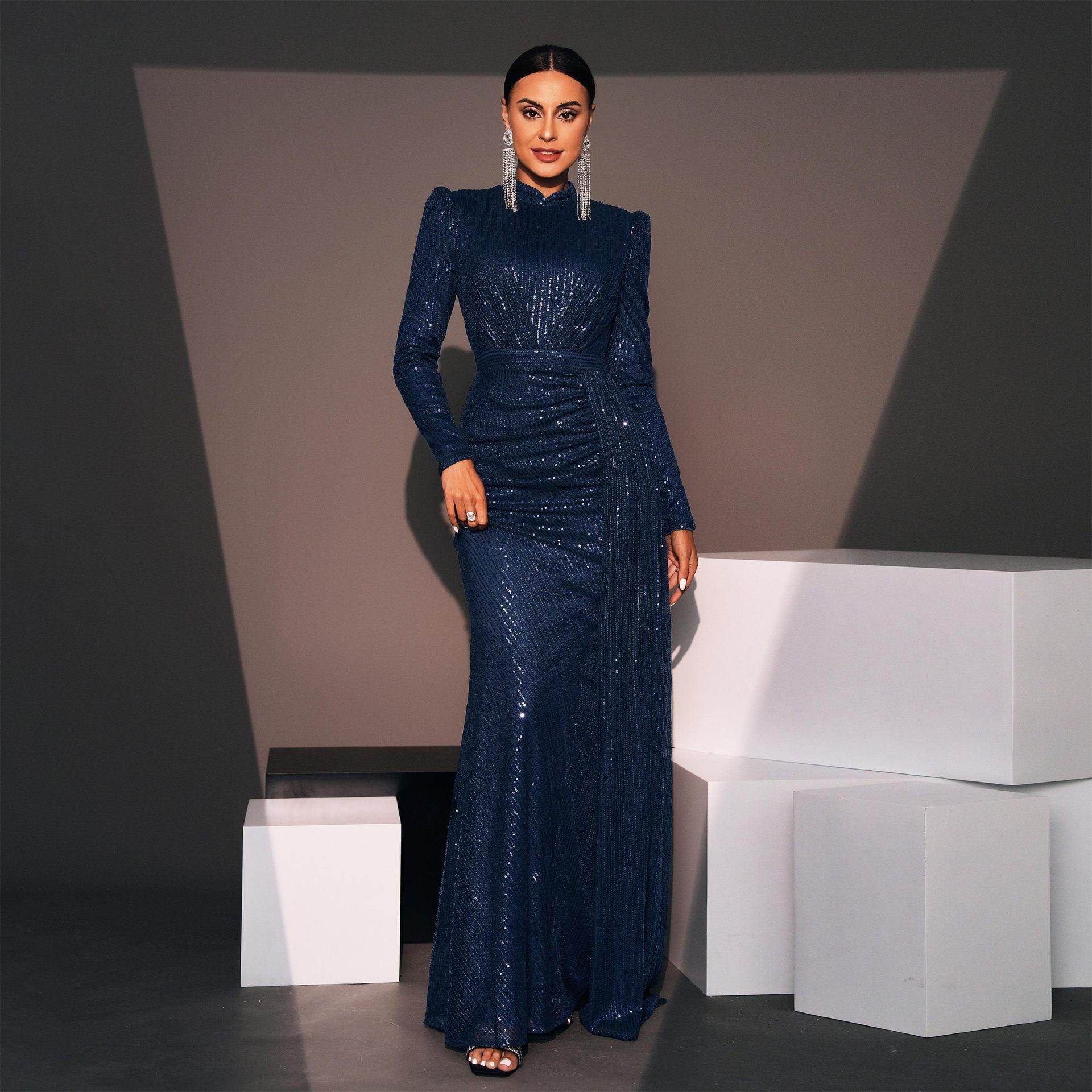 Long Sleeve Round Neck Sexy Slim Long Sequined Banquet Dress - Magellan Fashion Shop