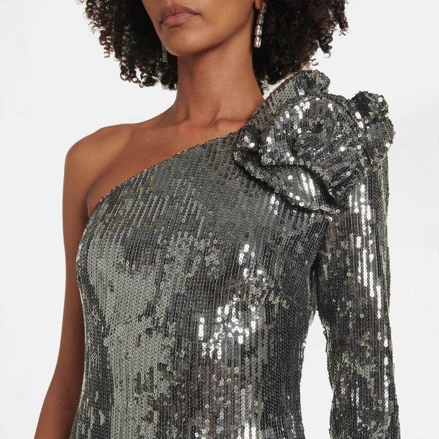 Women's Fashionable Sequins Slant Shoulder Split Dress - Magellan Fashion Shop
