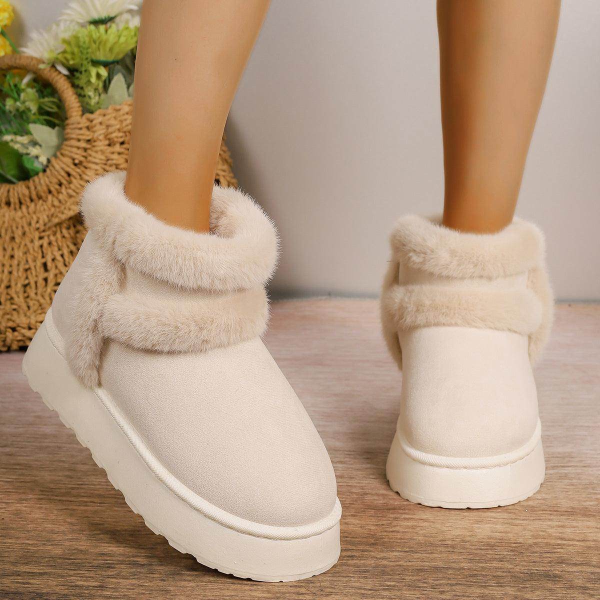 Fleece-lined Snow Boots Warm Furry Women's Thick Bottom Casual Short Boot House Shoes - Magellan Fashion Shop